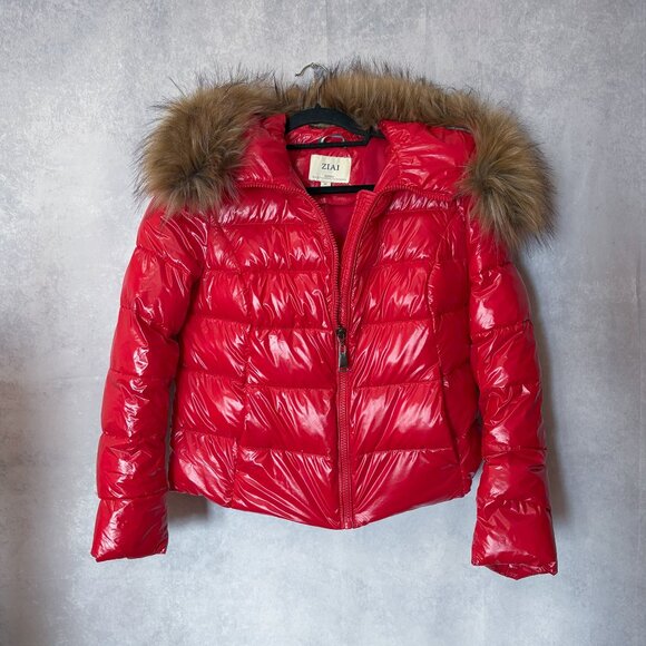 ZIAI Wet Look Red Puffer Hooded Jacket Coat Detachable Faux Fur Trim Size M - Picture 7 of 16